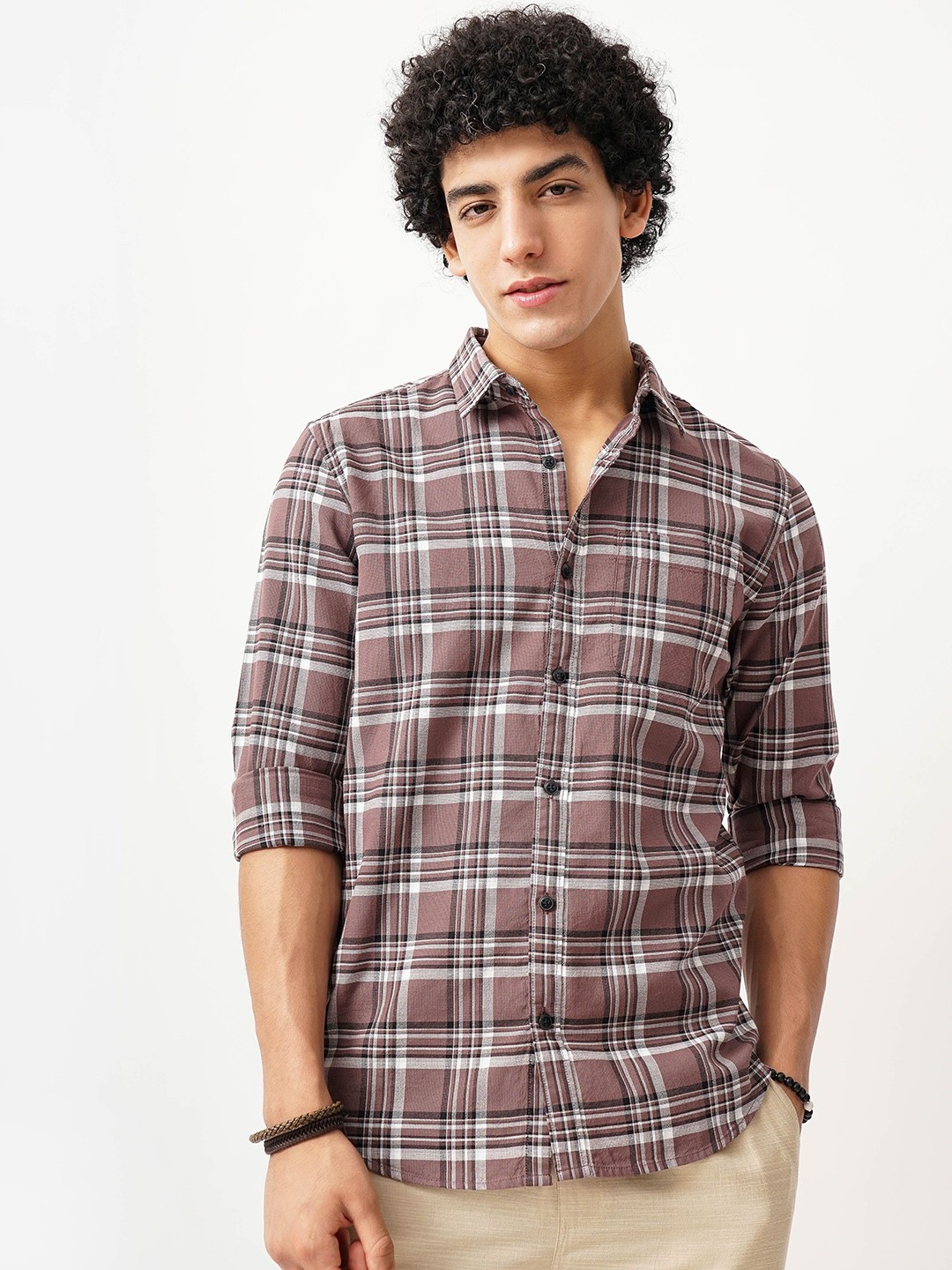 

British Club Men Classic Spread Collar Tartan Checked Cotton Casual Shirt, Brown