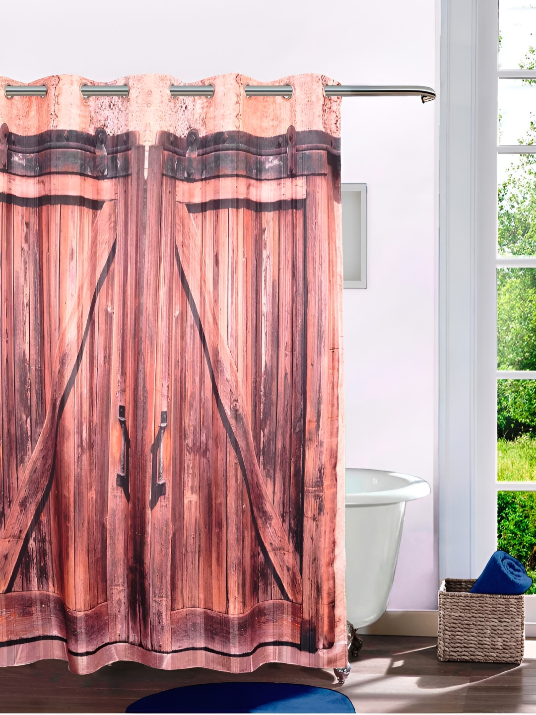 

Lushomes Peach-Colored & Brown Door Printed Shower Curtains