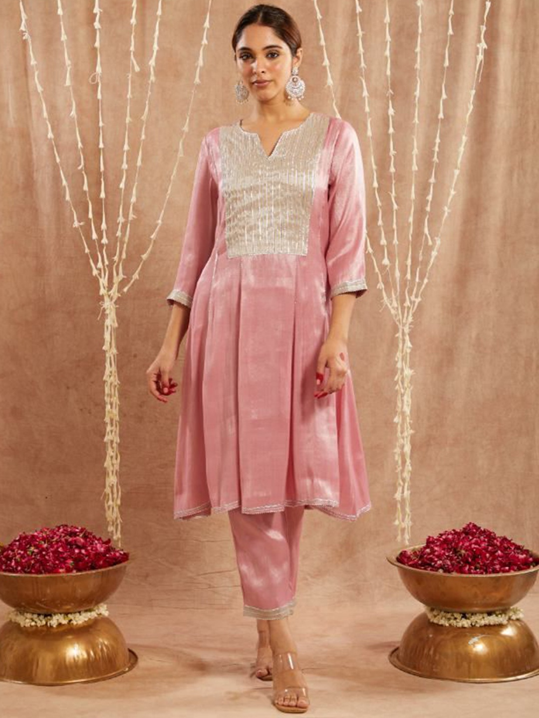 

NERO Striped Yoke Design Notch Neck Organza A-Line Kurta, Rose