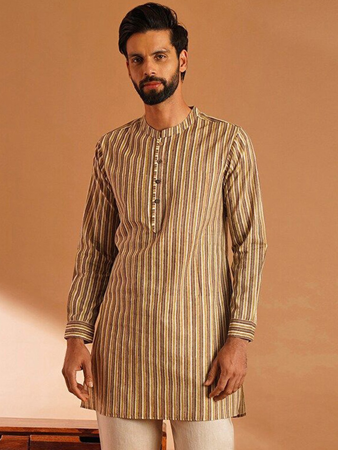 

JAYPORE Stripped Mandarin Collar Cuffed Sleeves Straight Short Kurta, Beige