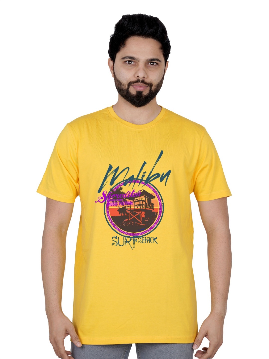 

LA MILANO Men Graphic Printed Round Neck Pure Cotton Slim Fit T-shirt, Yellow