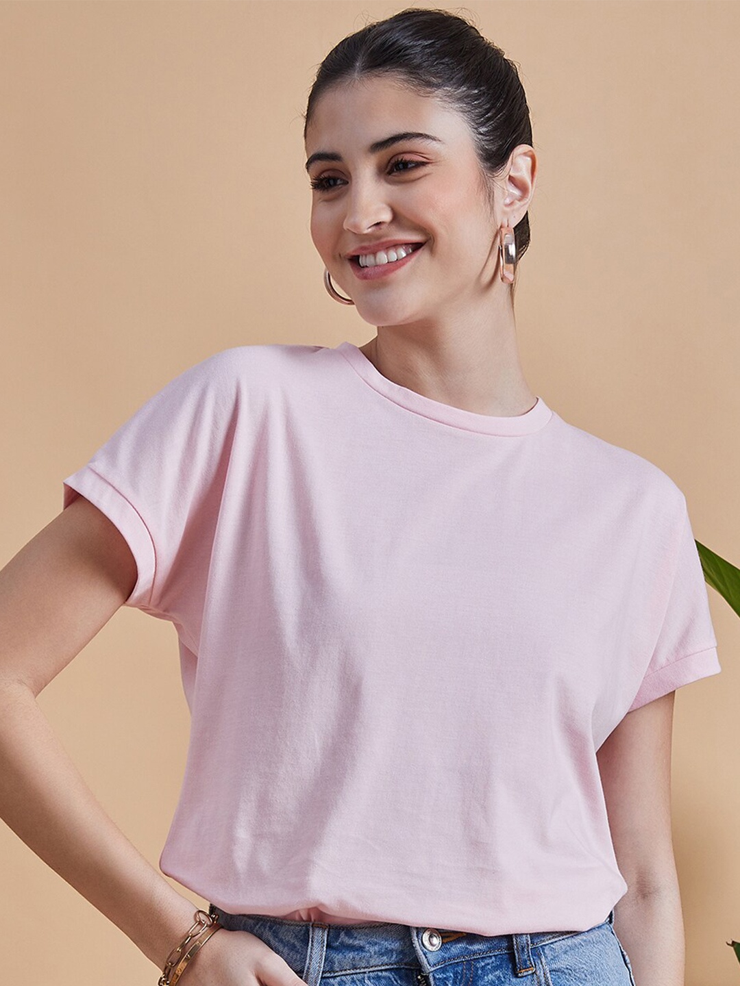 

MINT STREET Round Neck Extended Sleeves Pure Cotton T-shirt, Pink