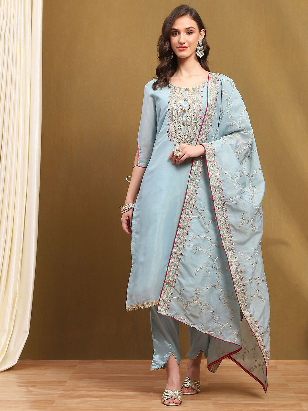 

Biba Floral Embroidered Gotta Patti Unstitched Dress Material, Blue