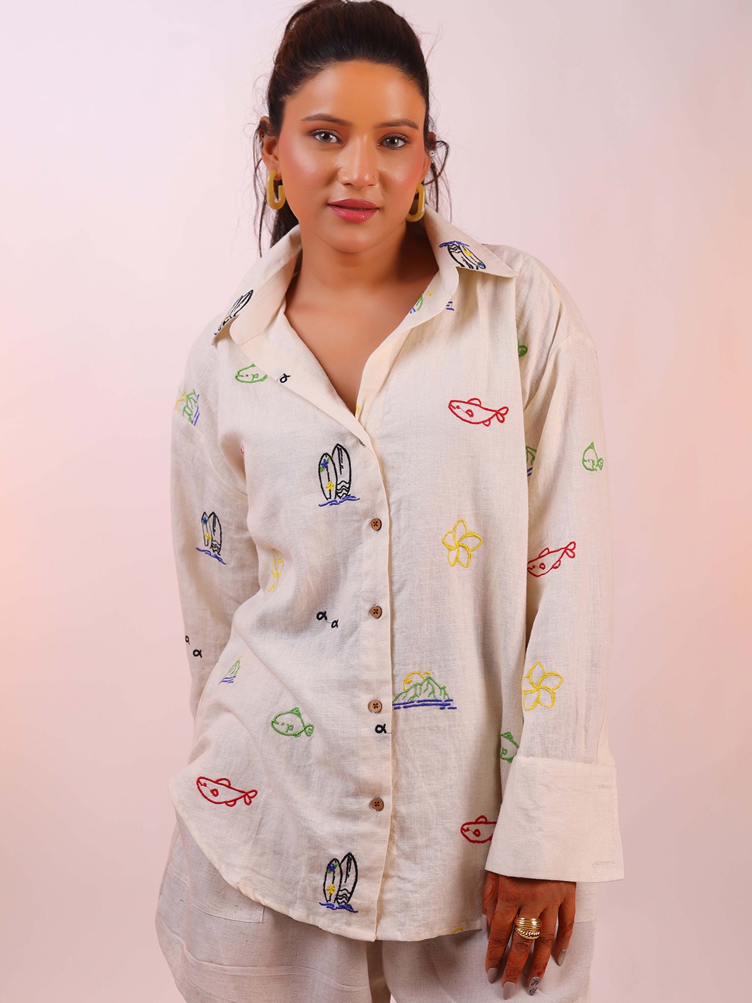 

DALCHINII Women Relaxed Spread Collar Solid Cotton Oversized Casual Shirt, Off white