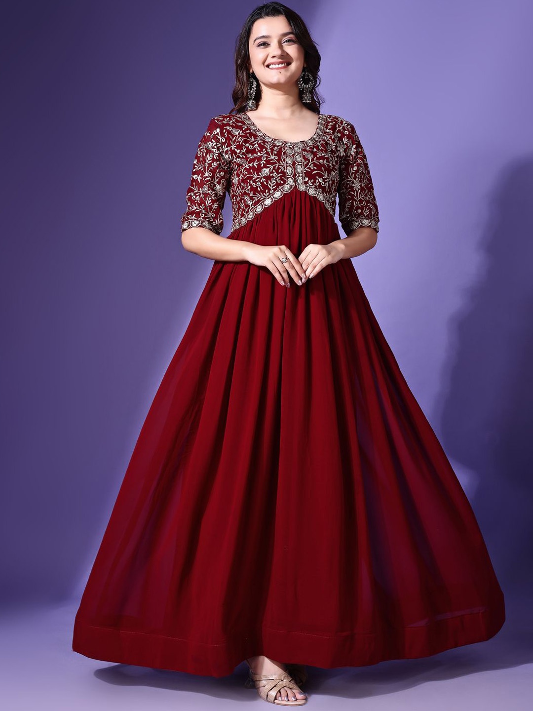 

KALINI Floral Embroidered Thread Work Georgette A-Line Ethnic Dress, Maroon