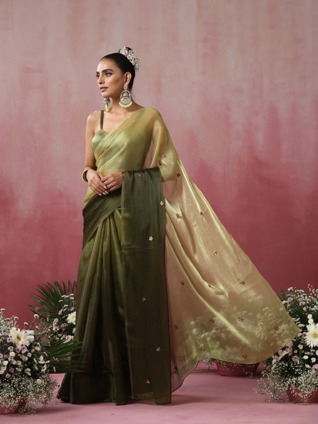 

Swtantra Ombre Beads and Stones Organza Saree, Olive