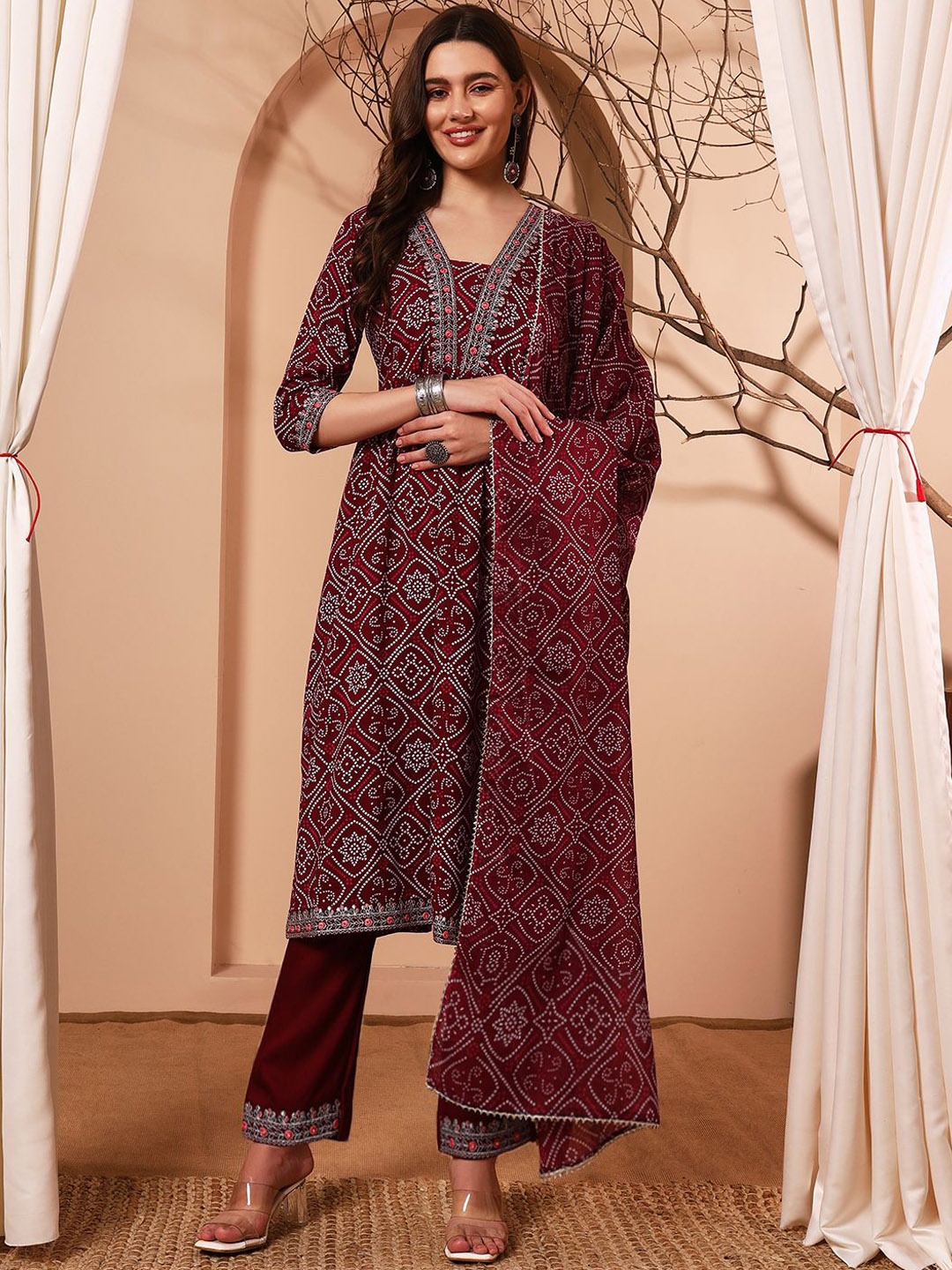 

Nisha Fashion Bandhani Embroidered Thread Work A Line Kurta with Palazzos & Dupatta, Brown