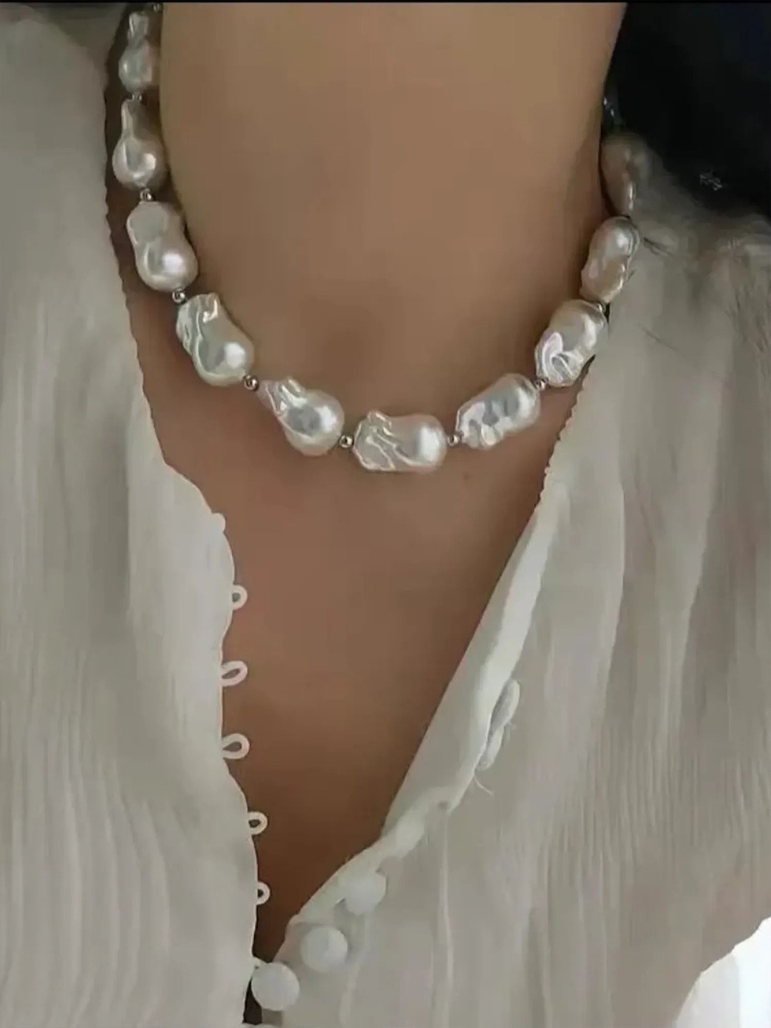 

V FASHION JEWELLERY Metal Pearl Studded Necklace with OT Buckle, Silver