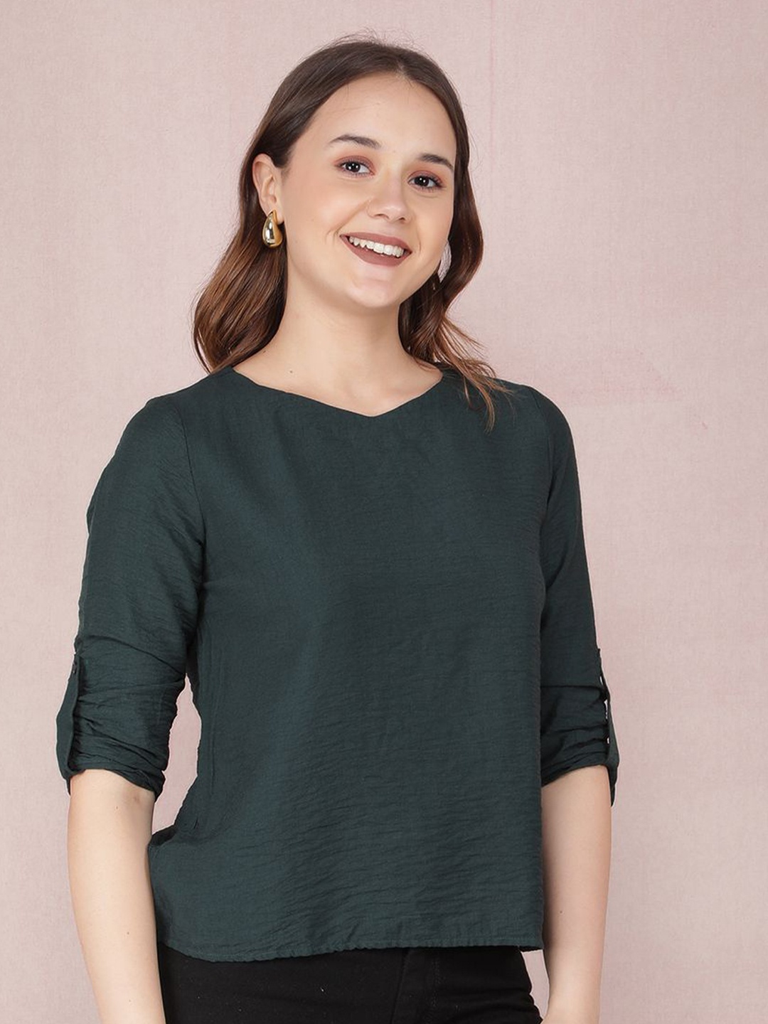 

Crimsoune Club Women Solid Roll-Up Sleeves Top, Green