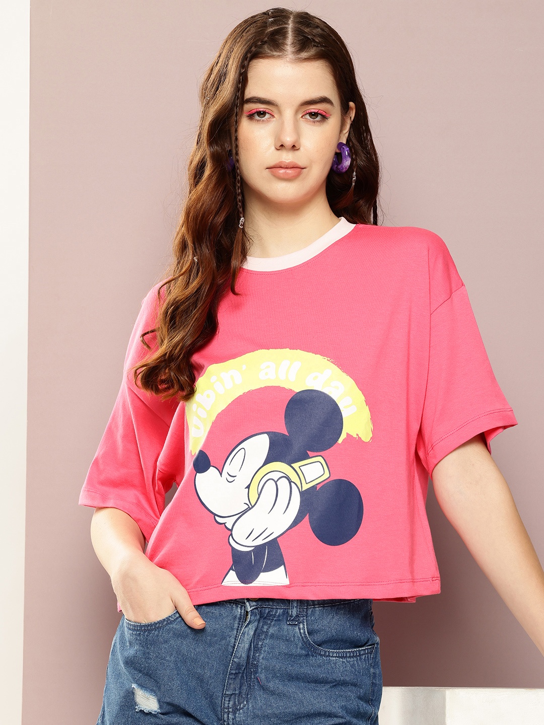 

Kook N Keech Disney Minnie Mouse Printed Drop-Shoulder Pure Cotton Boxy Crop T-shirt, Pink