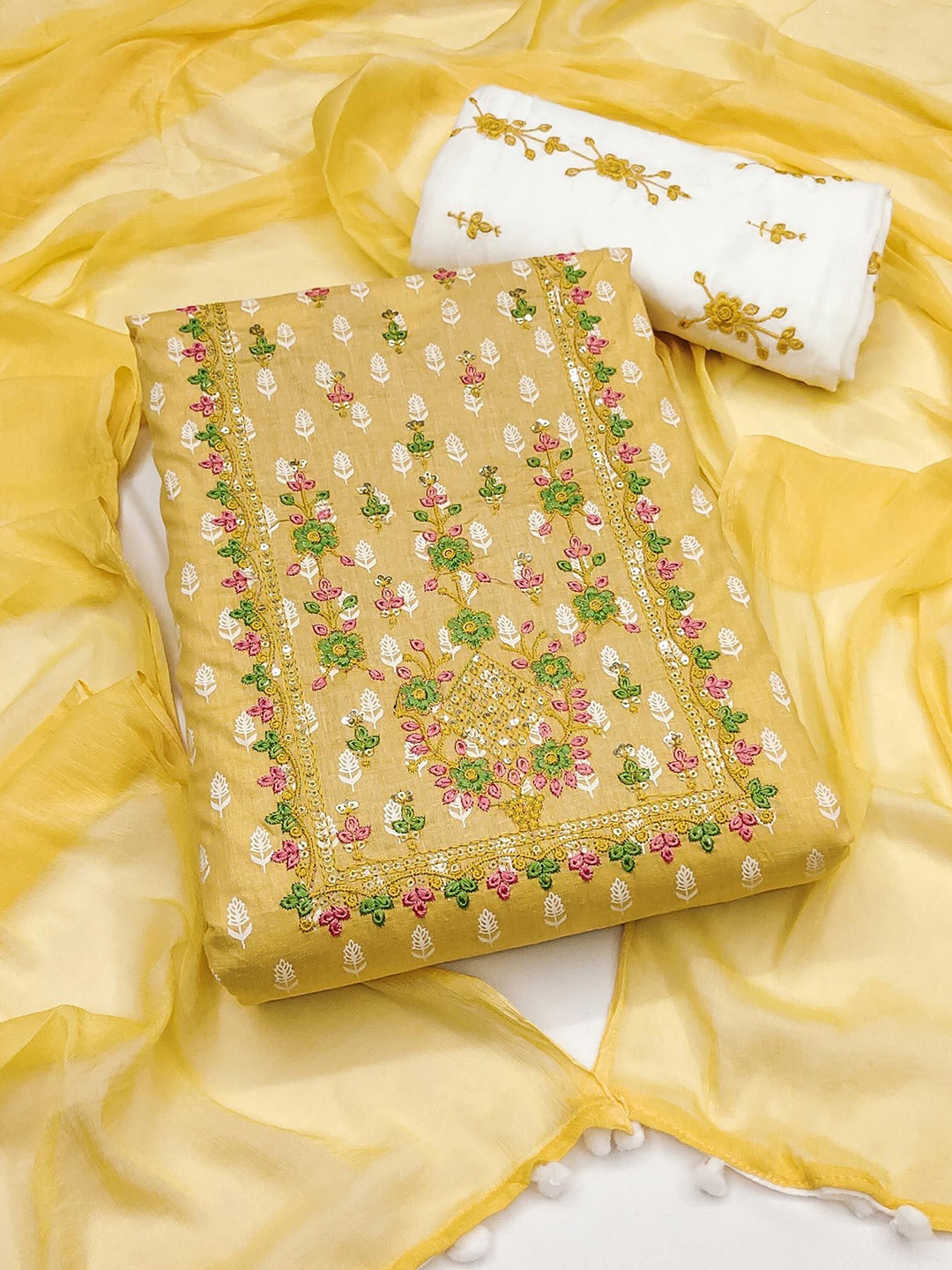 

Peachmode Floral Embroidered Sequinned Pure Cotton Unstitched Dress Material, Yellow