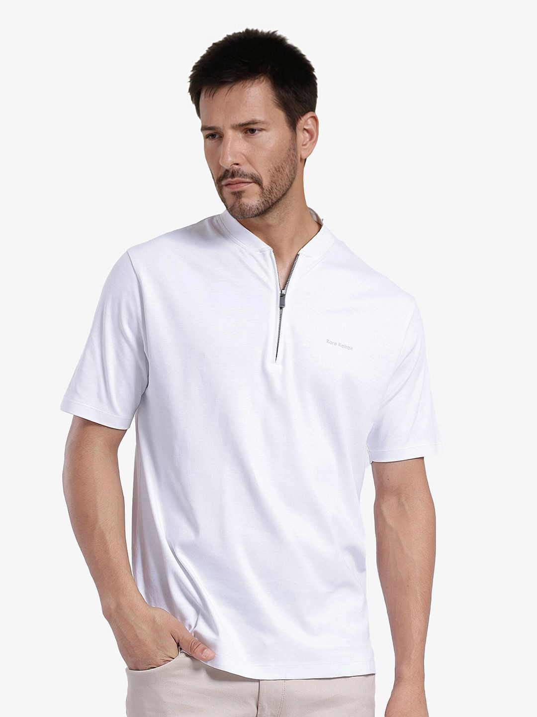 

RARE RABBIT Men Solid Mandarin Collar Cotton T-shirt, White