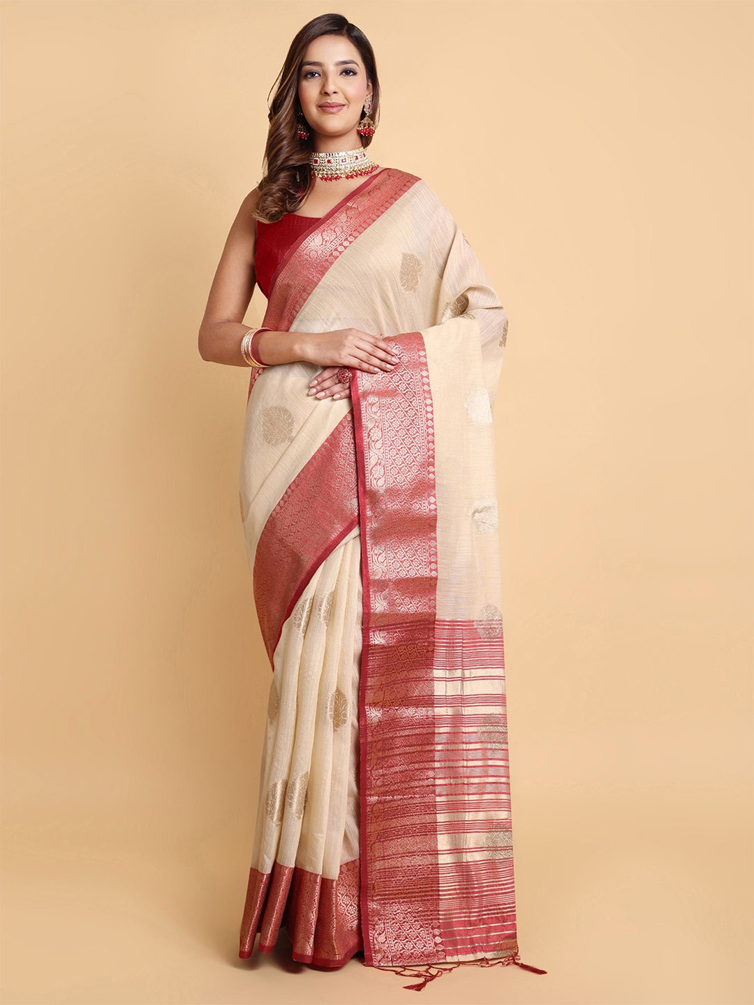 

Sarisp Ethnic Motifs Zari Pure Silk Banarasi Saree, Cream