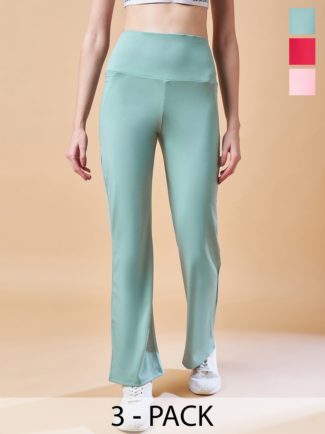 

COLOR CAPITAL Women Pack Of 3 Flared-Fit Ankle-Length Gym Tights, Sea green