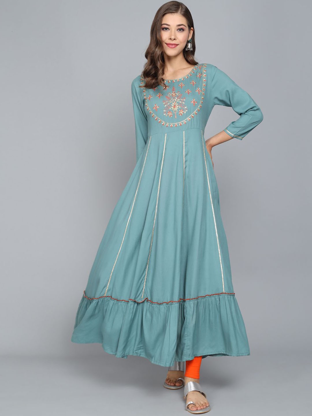 

Anouk Floral Embroidered Layered Liva Anarkali Kurta, Teal