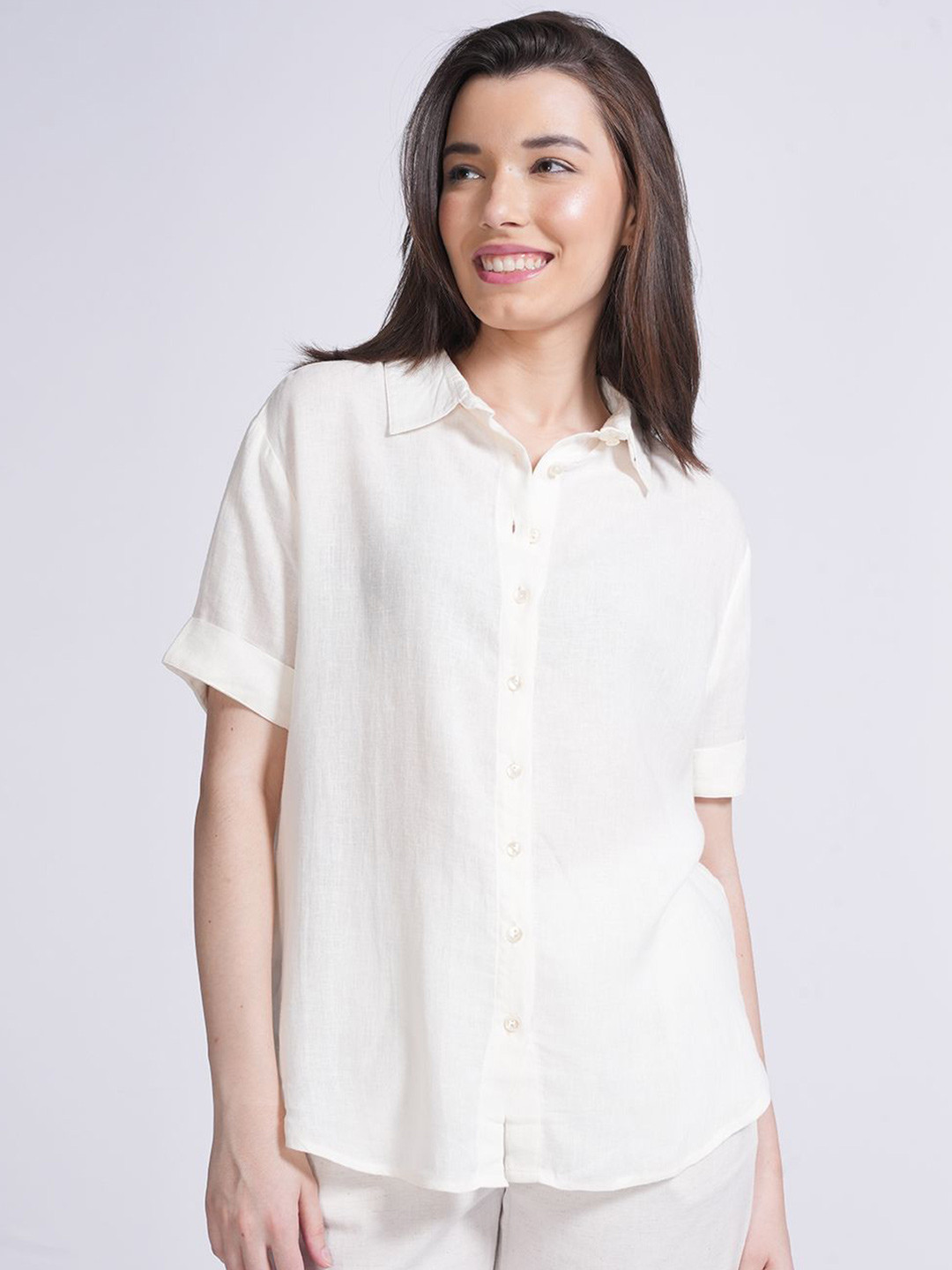 

Saltpetre Women Relaxed Spread Collar Solid Linen Relaxed Fit Casual Shirt, White