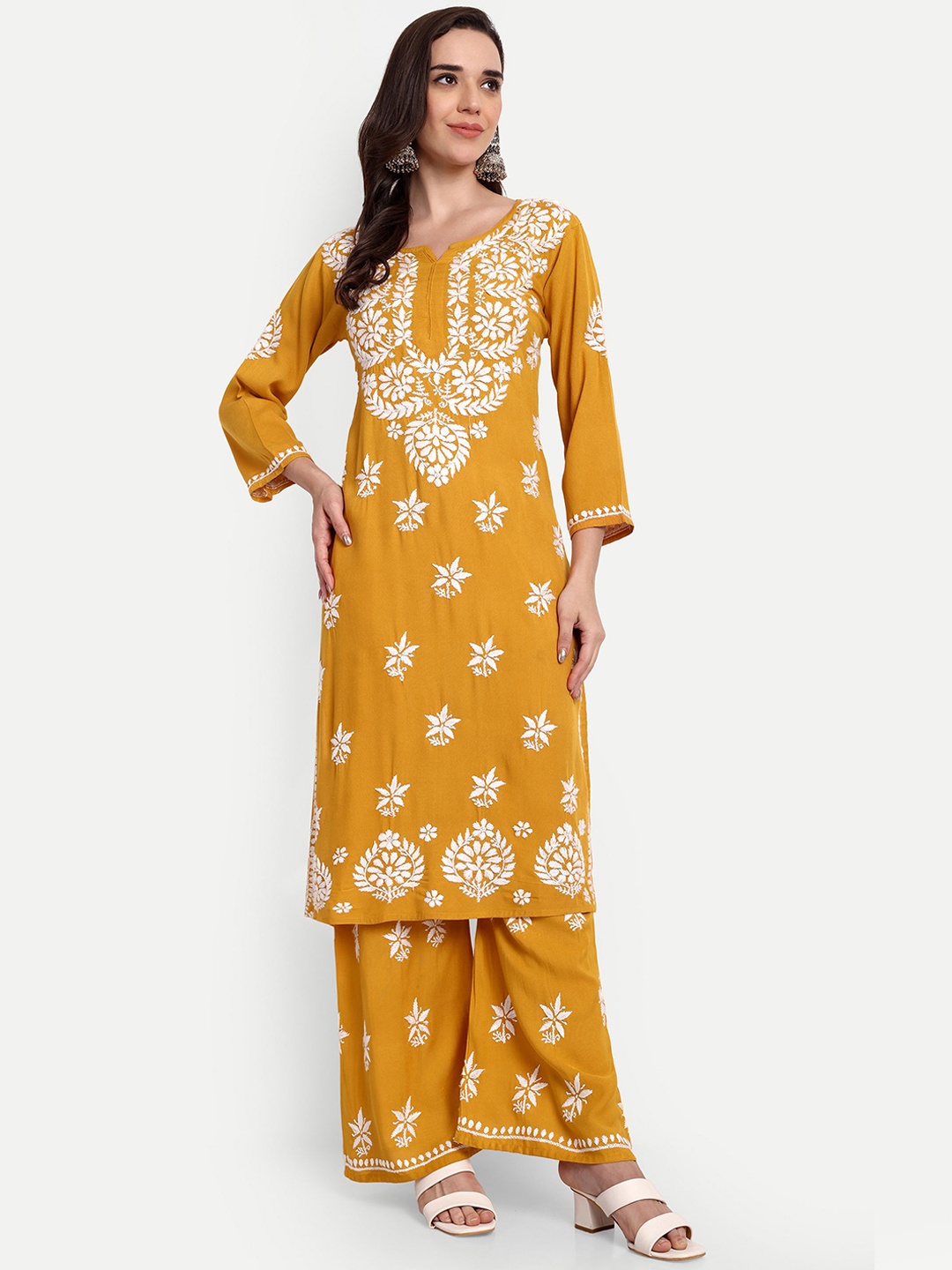 

Indiankala4u Ethnic Motifs Embroidered Chikankari Straight Kurta With Palazzos, Rust