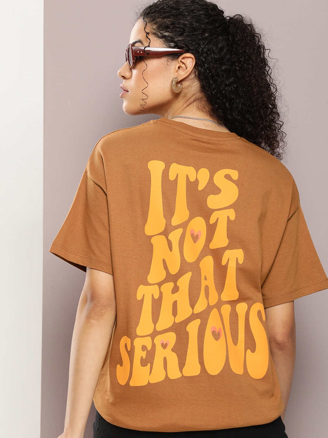 

Kook N Keech Pure Cotton Typography Printed Drop-Shoulder Sleeves Oversized T-shirt, Brown