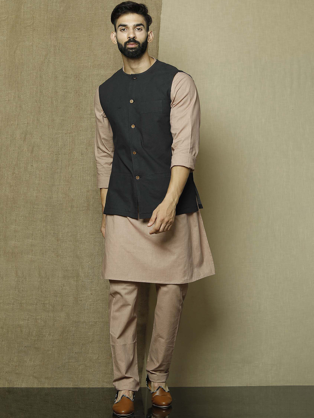 

TJORI Men Cotton Corduroy Nehru Jackets, Black