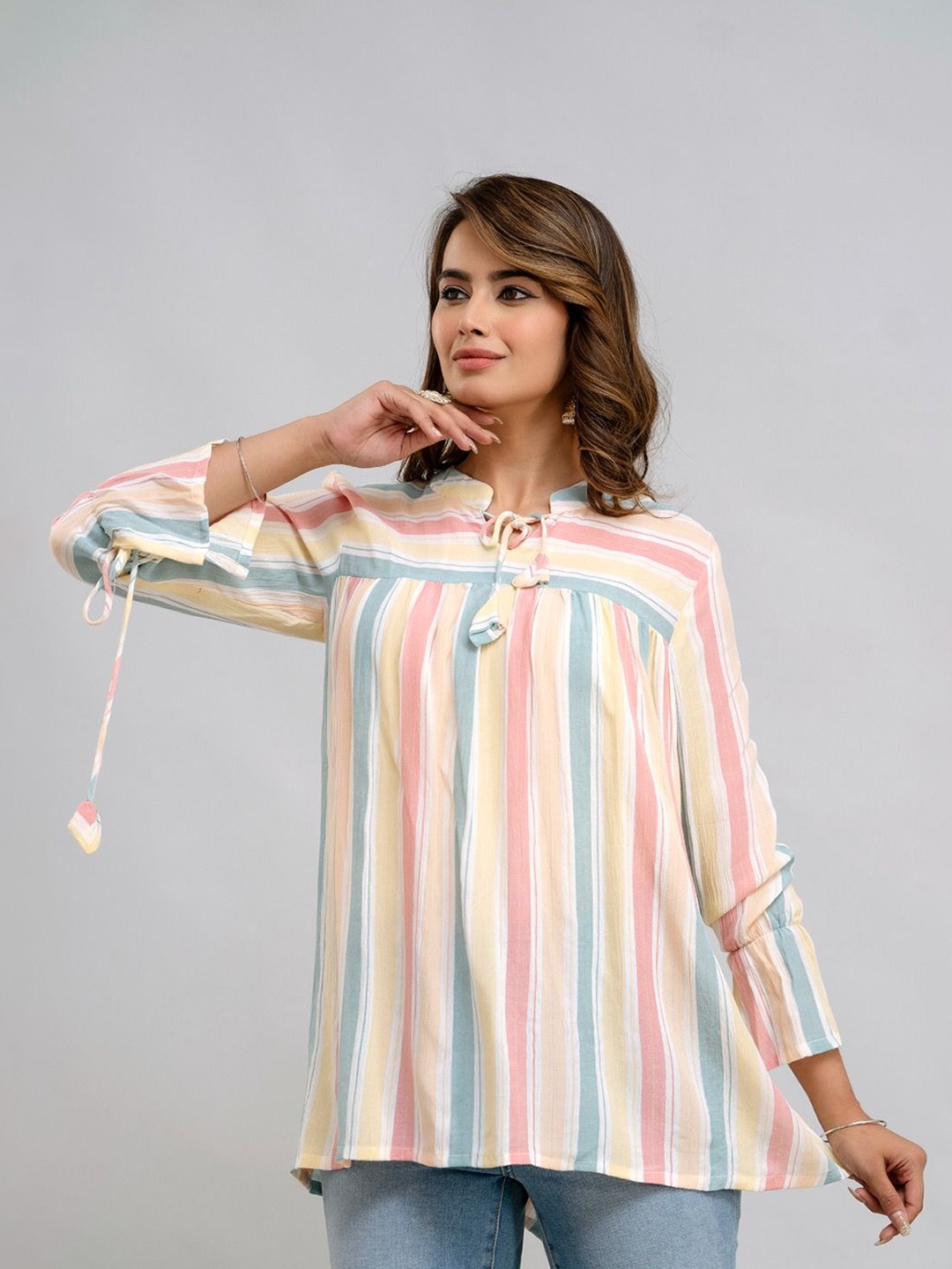 

ANNU PARIDHAN Tie-Up Neck Striped Tops, Pink