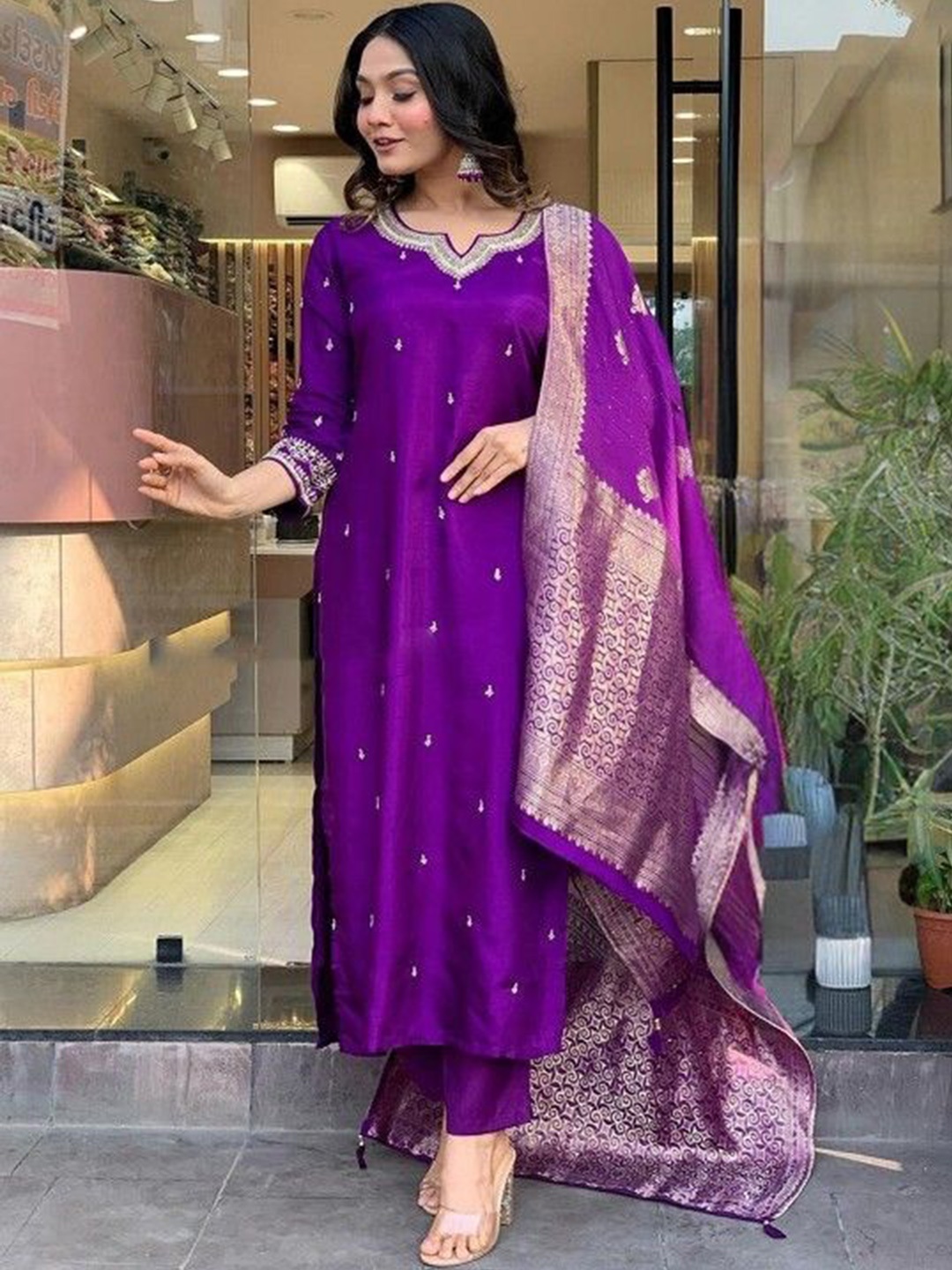 

KALINI Ethnic Motifs Embroidered Thread Work Kurta With Trousers & Dupatta, Purple