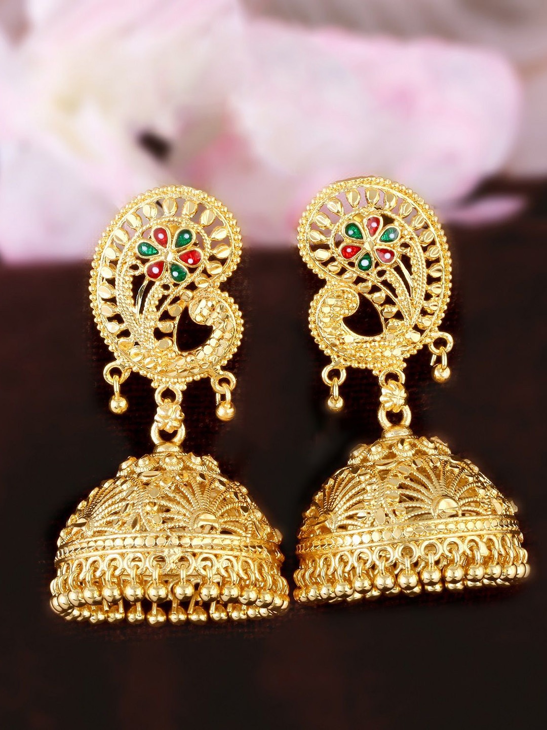 

Vighnaharta Gold-Plated Stone Studded Dome Shaped Jhumkas