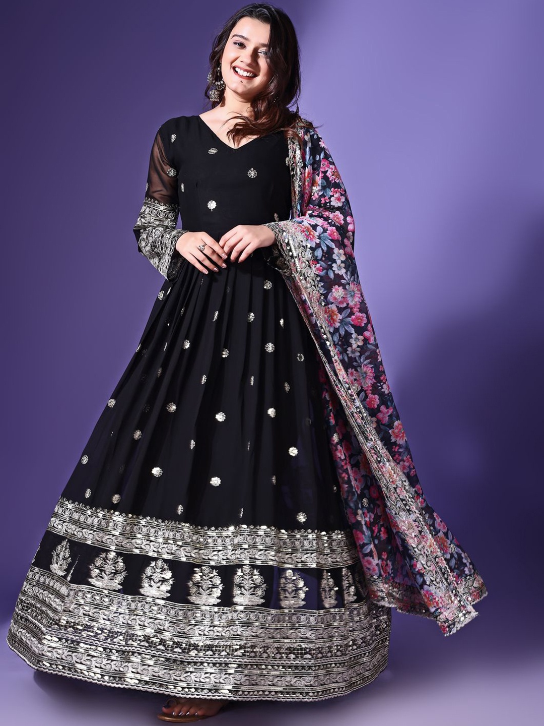 

YOYO Fashion Floral Embroidered V-Neck Long Sleeves Georgette Ethnic Dress With Dupatta, Black