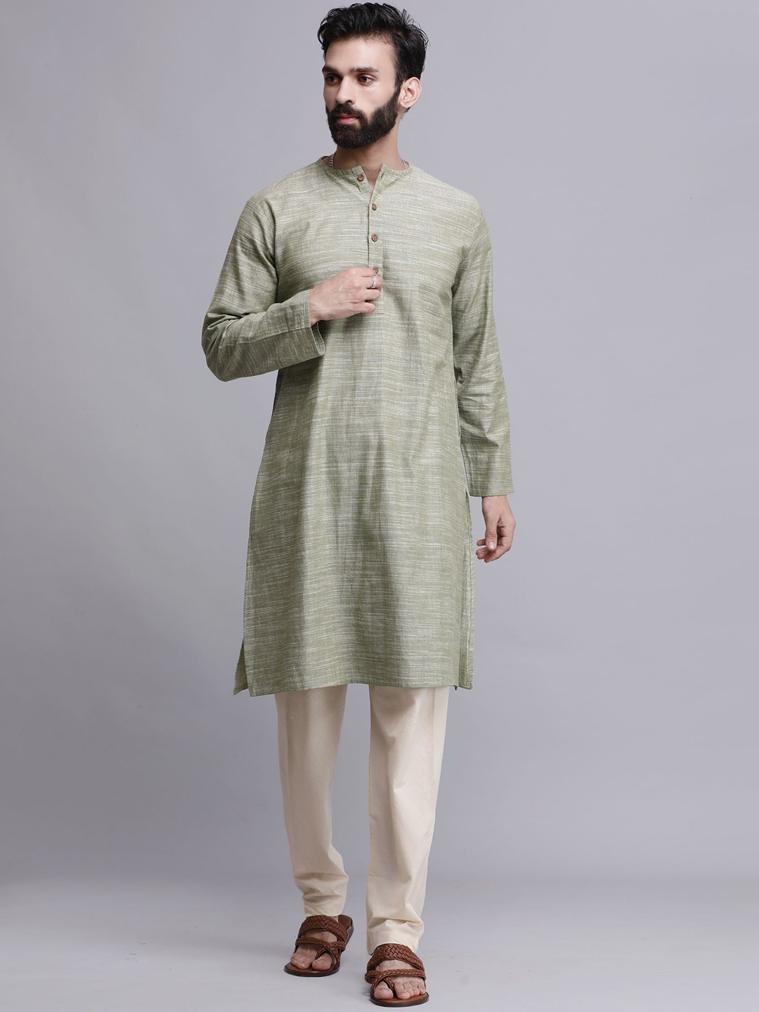 

TJORI Self Design Round Neck Pure Cotton Straight Kurta with Pyjamas, Green