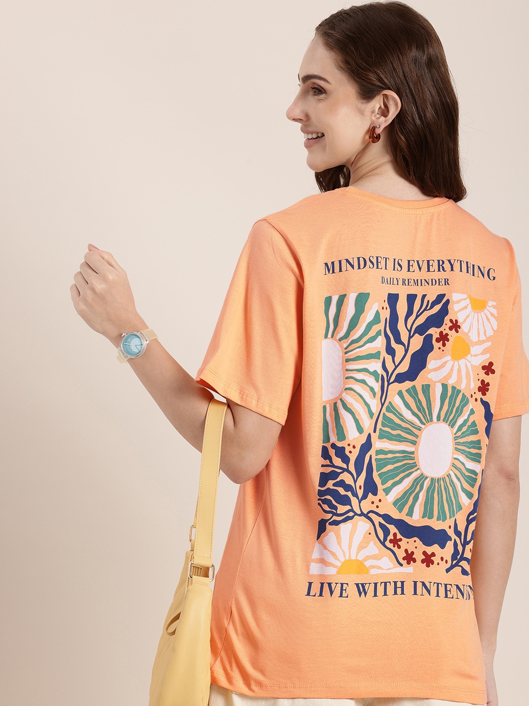 

HERE&NOW Printed Drop-Shoulder Sleeves Pure Cotton Relaxed Fit T-shirt, Peach