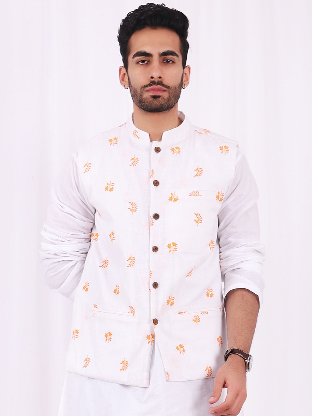 

TJORI Men Printed Pure Cotton Corduroy Nehru Jackets, White