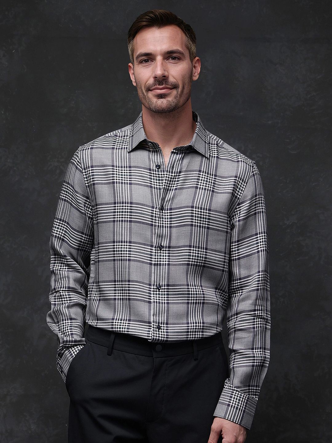 

RARE RABBIT Men Comfort Spread Collar Checked Cotton Formal Shirt, Grey