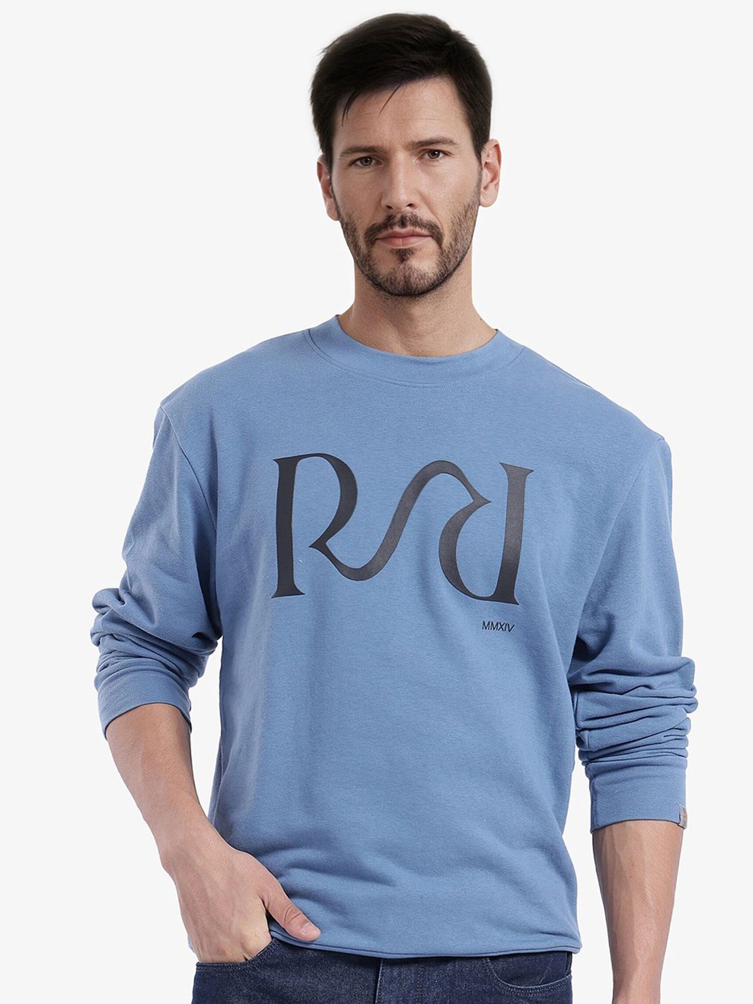 

RARE RABBIT Men Printed Round Neck Cotton Sweatshirt, Blue
