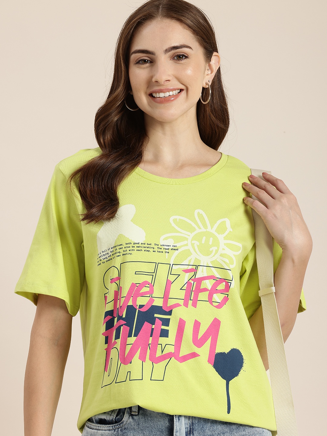 

HERE&NOW Typography Printed Drop-Shoulder Sleeves Pure Cotton T-shirt, Green