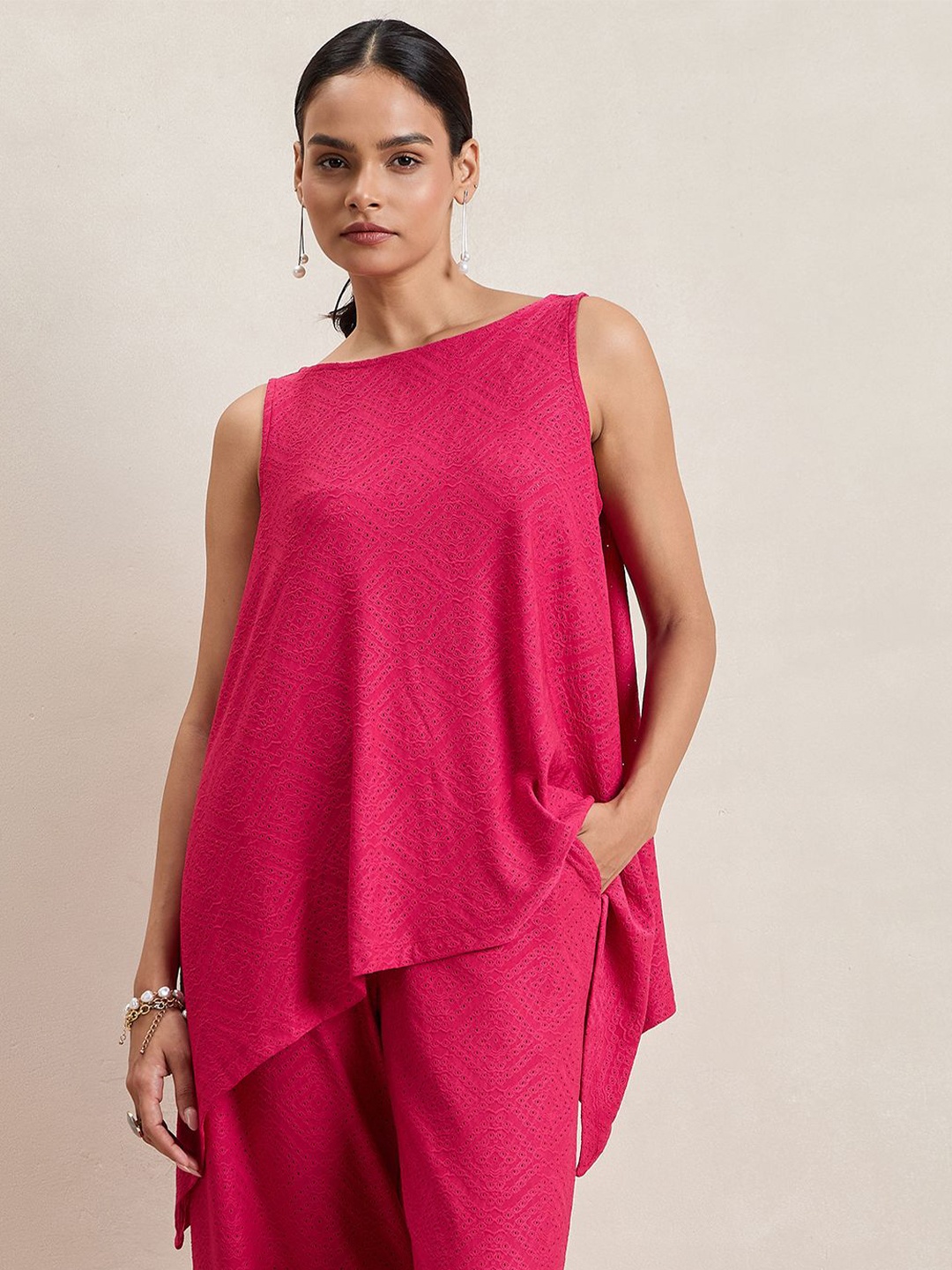 

FEMMELLA Women Self Design Longline Schiffli Top, Pink