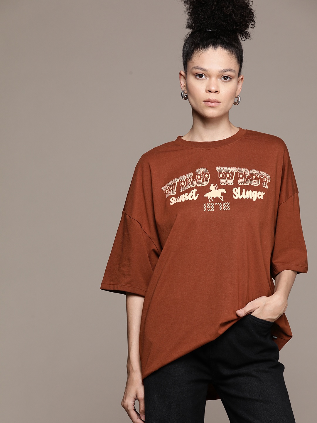 

Roadster The Lifestyle Co. Typography Printed Oversized T-shirt, Brown