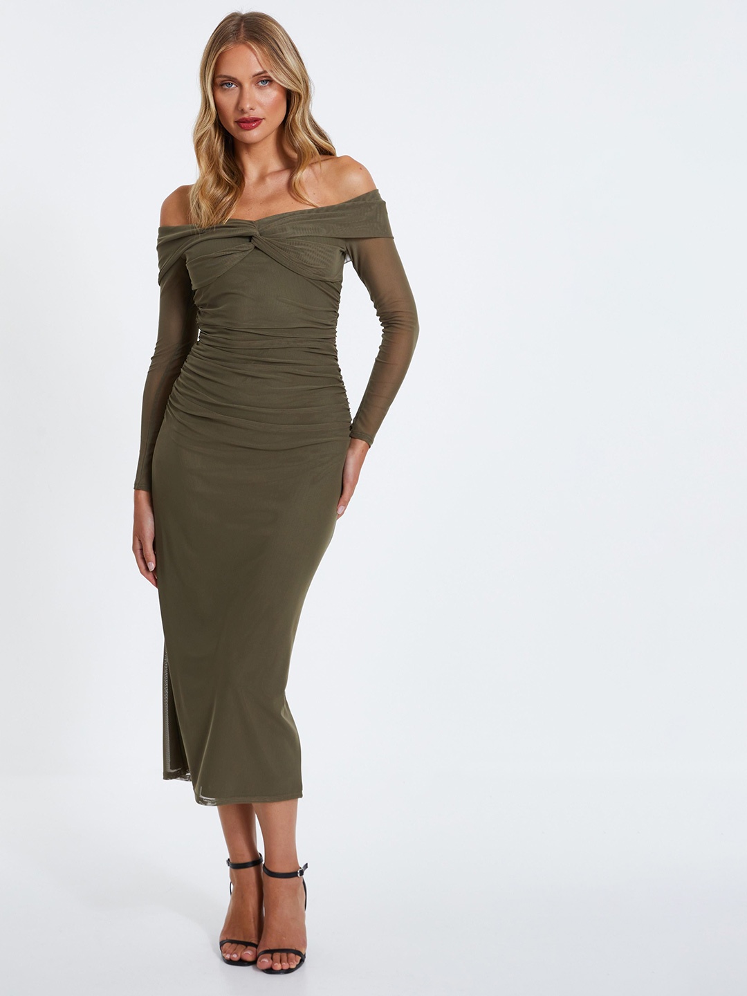 

QUIZ Women Off-Shoulder Bodycon Maxi Dress, Khaki