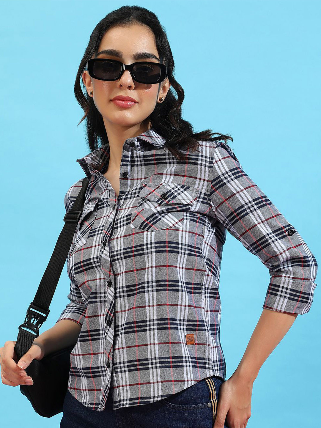 

PINACOLADA Women Comfort Spread Collar Checked Cotton Relaxed Fit Casual Shirt, Grey