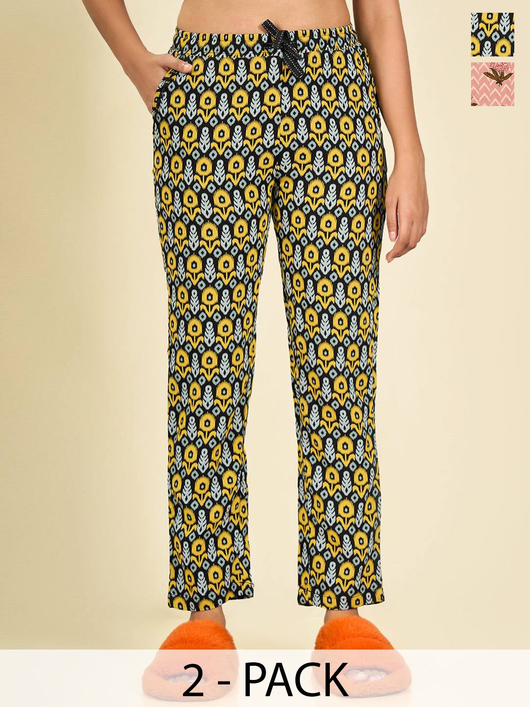 

MAYSIXTY Pack Of 2 Cotton Mid- Rise Printed Lounge Pants, Yellow