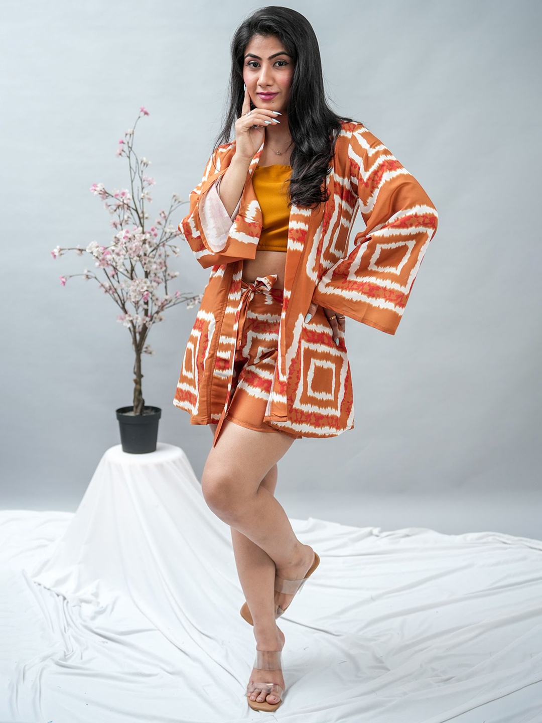 

GO BOUJEE Printed Pure Cotton Top, Shrug With Skirt Co-Ords, Mustard