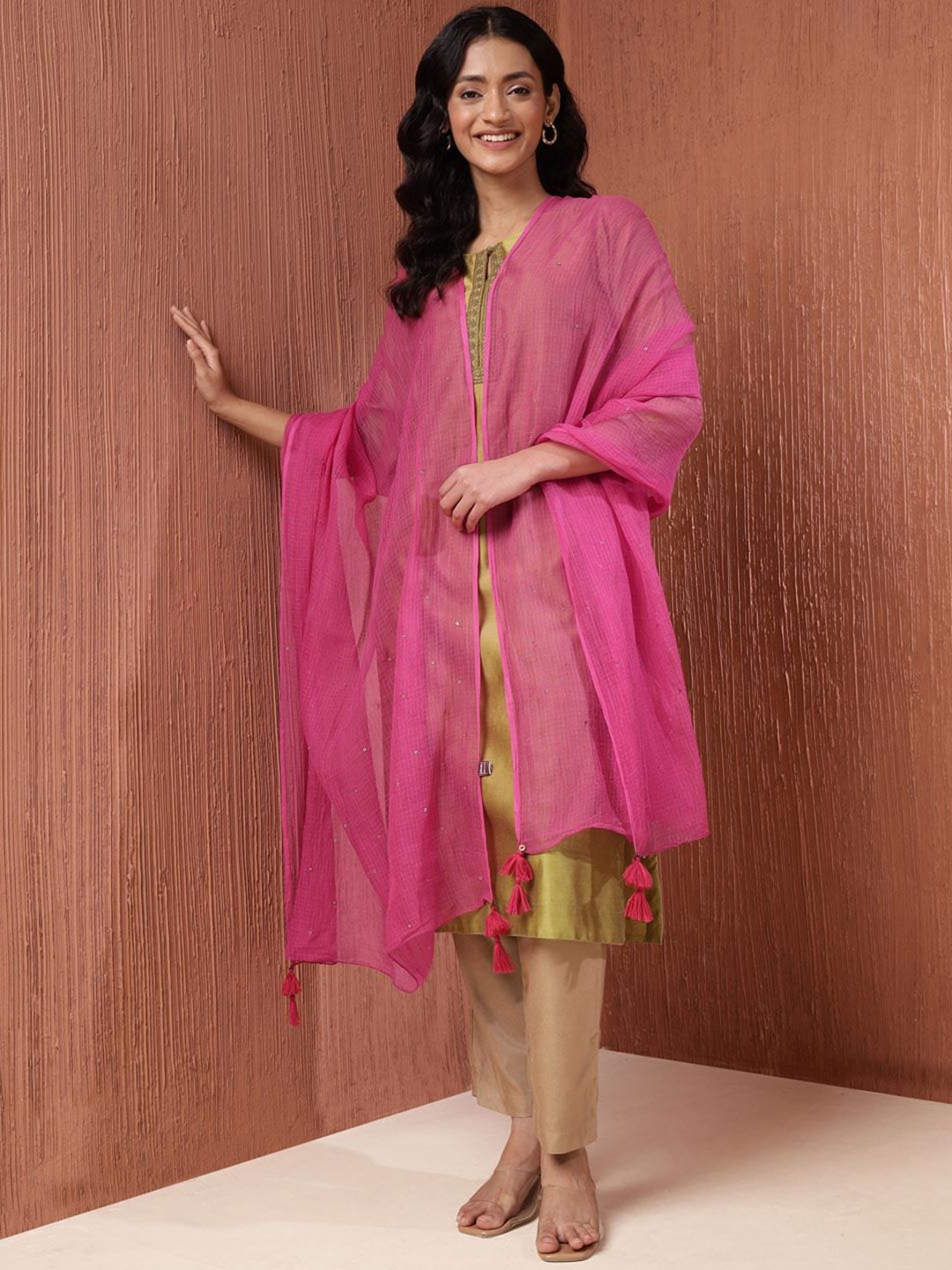 

Fabindia Embroidered Cotton Silk Dupatta, Magenta