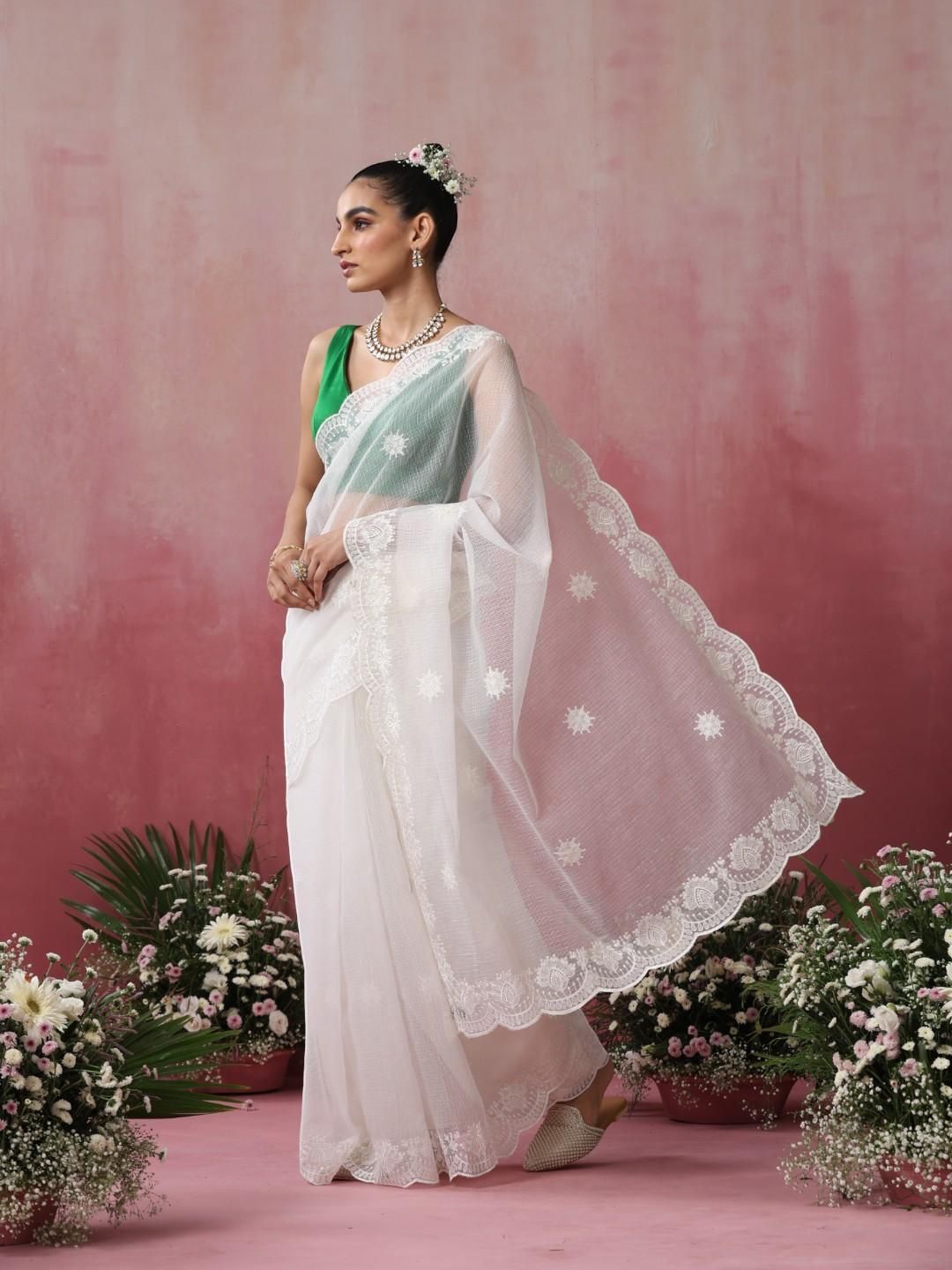 

Swtantra Floral Chikankari Saree, White