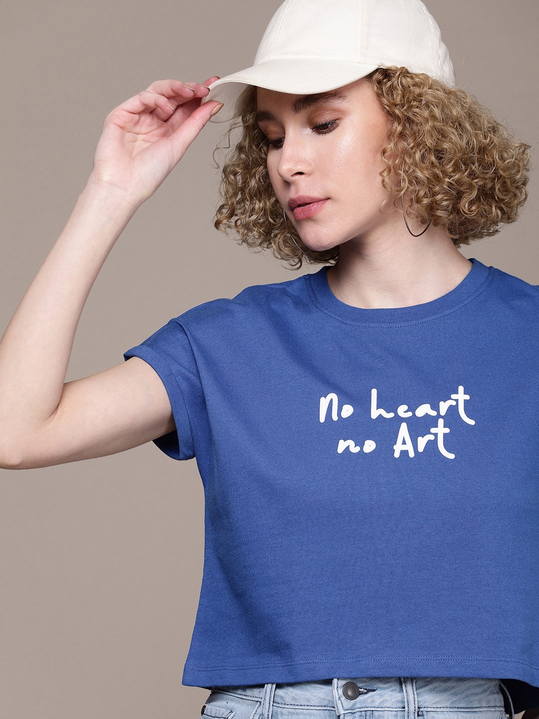 

The Roadster Life Co. Typography Printed Extended Sleeves Crop T-shirt, Blue