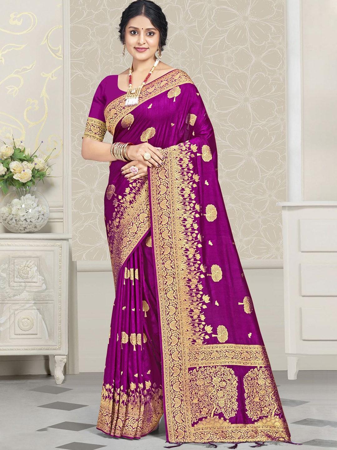 

Ishin Woven Design Zari Silk Blend Saree, Purple