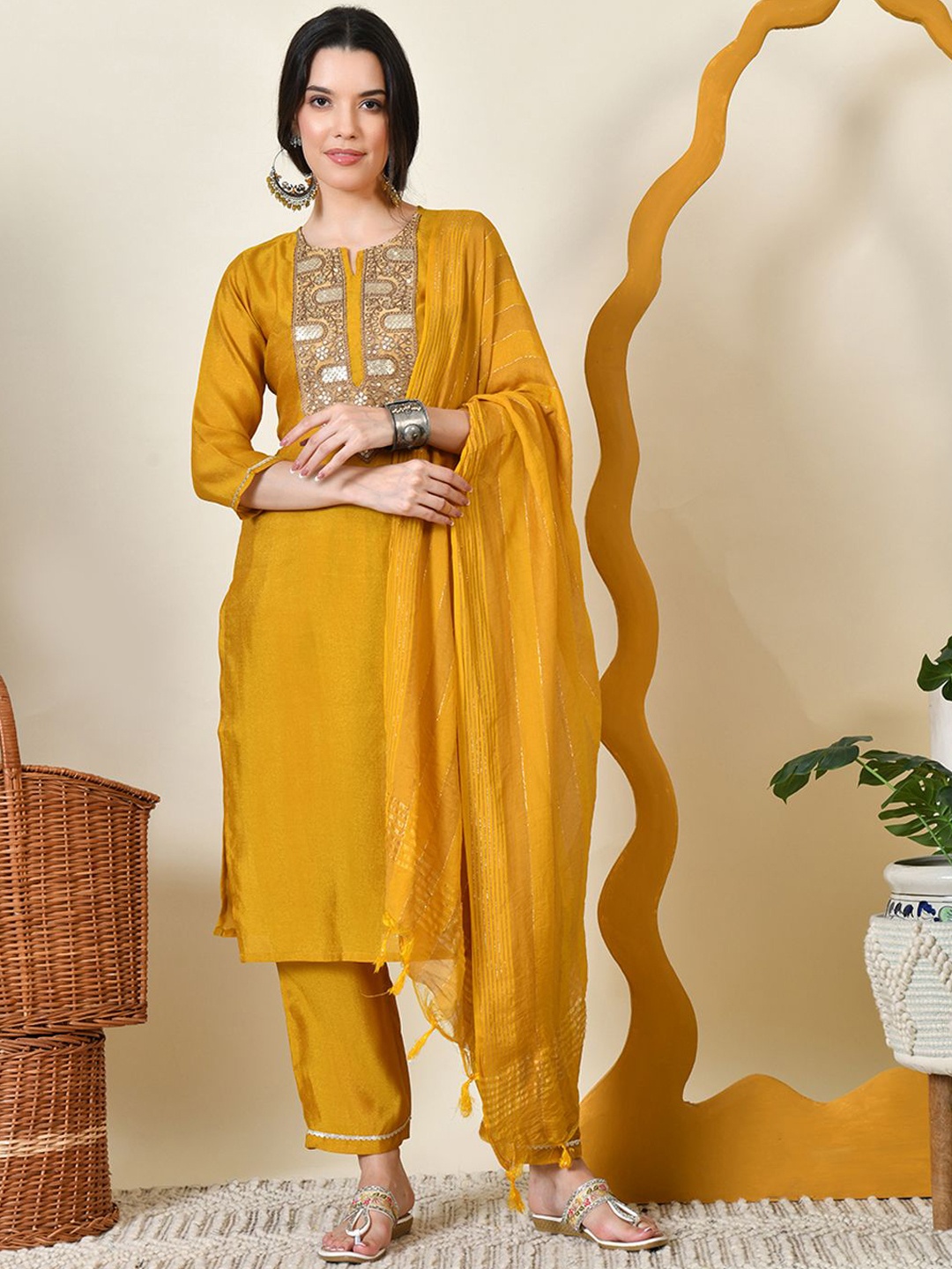 

Myshka Floral Yoke Design Sequinned Kurta with Trouser & Dupatta, Yellow