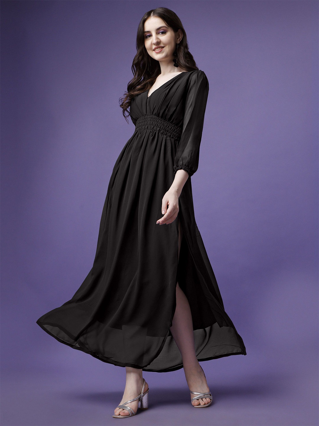 

Krunal Raiyani Applique Georgette Fit & Flare Maxi Dress, Black