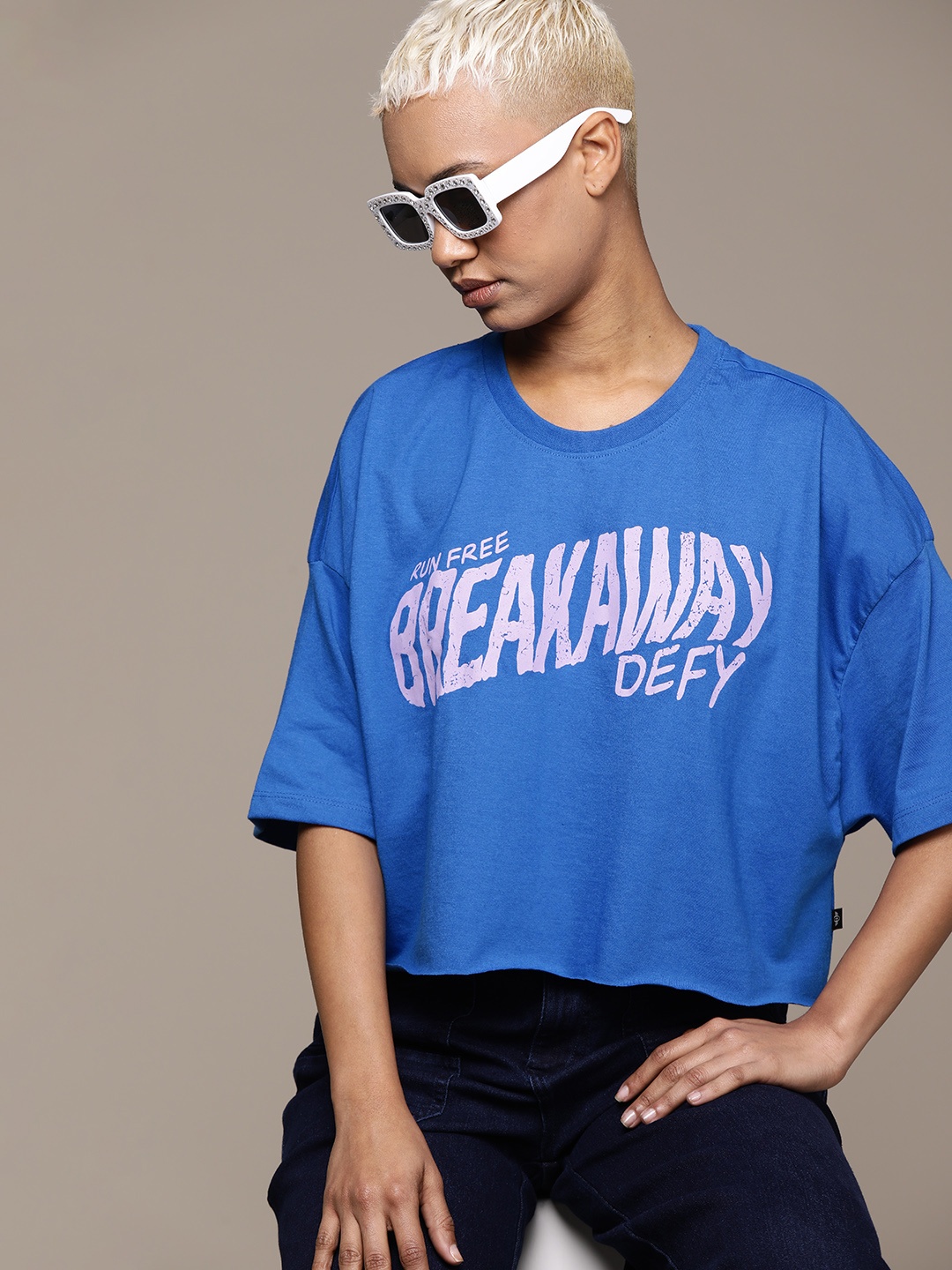 

The Roadster Lifestyle Co. Printed Oversized Crop T-shirt, Blue