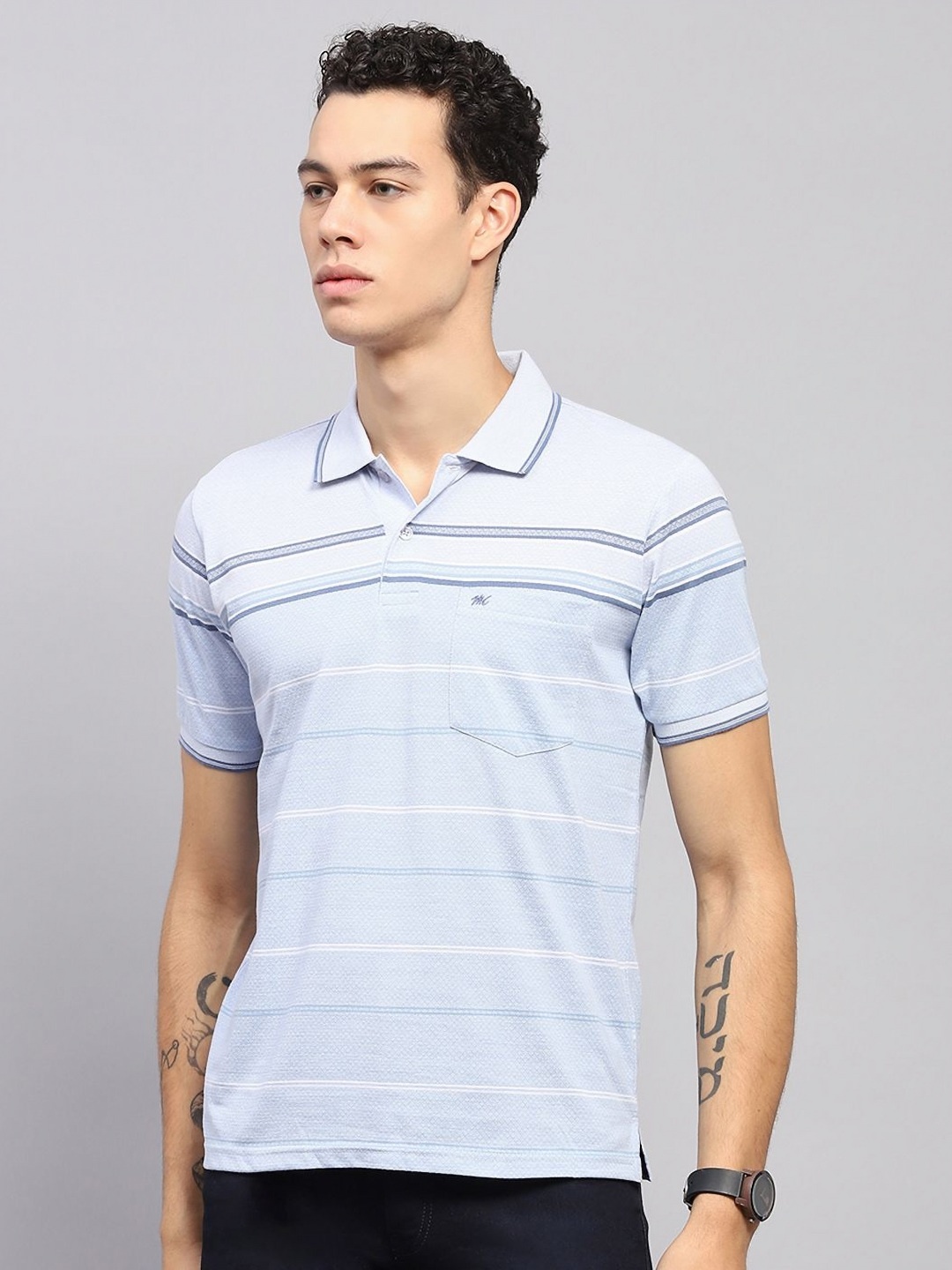 

Monte Carlo Men Striped Polo Collar Cotton T-shirt, Blue