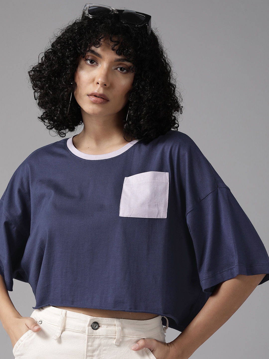 

The Roadster Lifestyle Co. Pure Cotton Boxy Crop T-shirt, Navy blue