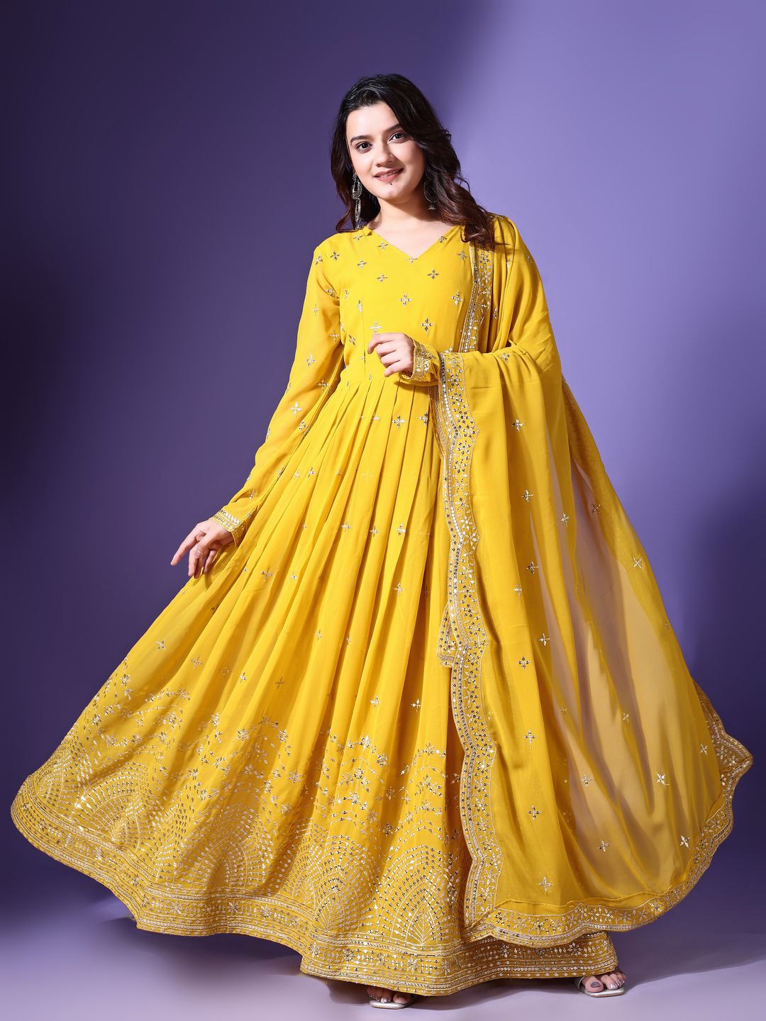 

Wedani Floral Embroidered Sequined Georgette Maxi Fit and Flare Ethnic Dress With Dupatta, Yellow