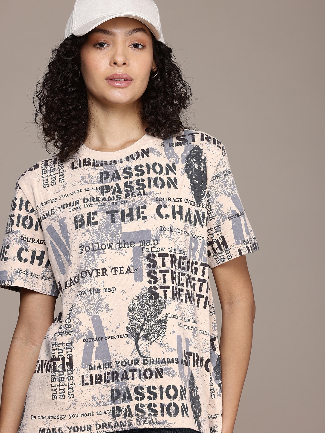 

The Roadster Life Co. Printed Drop-Shoulder Sleeves Pure Cotton Washed Effect Boxy T-shirt, Beige